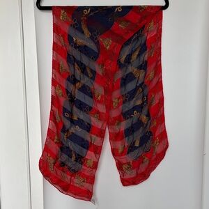 Nordstrom Made in Italy Silk Red Blue and Gold Scarf Tassel Print Vintage